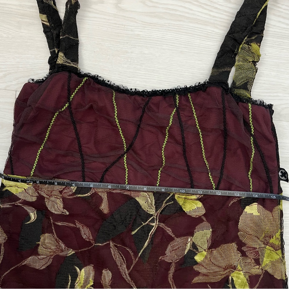Floral A-Line Midi Dress in Plum Purple sheer overlay with green leaf patterns - Picture 4 of 5